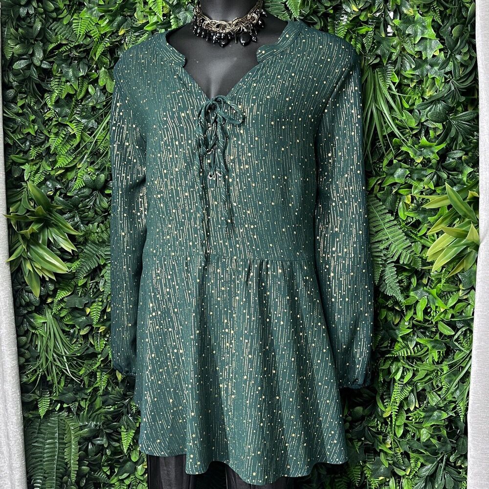 BLOOM CHIC Tops Women 26 Green Gold Star Accent Peplum Long Sleeve Whimsy 2306